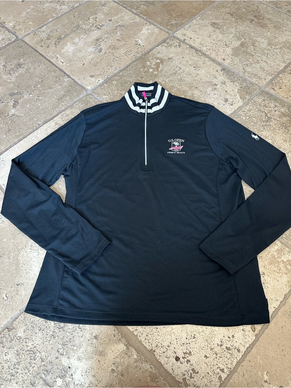 Polo by Ralph Lauren Navy and White Striped-Collar Golf Pullover